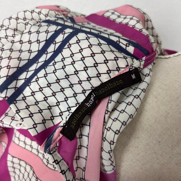 Hazel Haze Abstract Geometric Bow Tie Blouse Top Women’s Size M Pink Purple - Picture 6 of 7